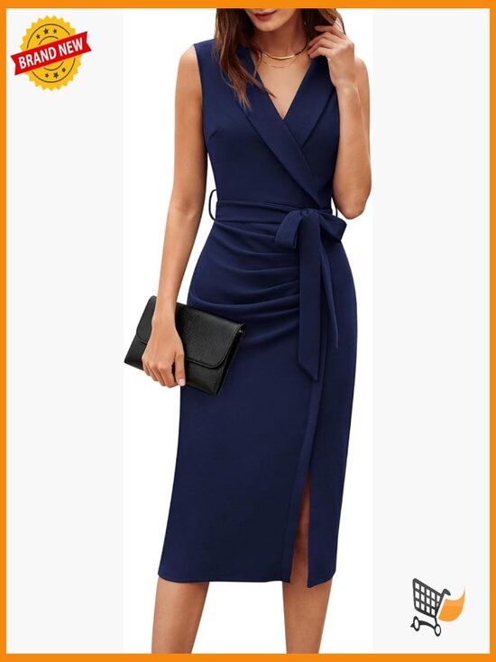 Dresses & Skirts - Sleeveless Ruched Bodycon Midi Dress with Belt Office Work